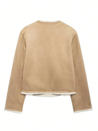 Women's khaki cropped jacket outfit view