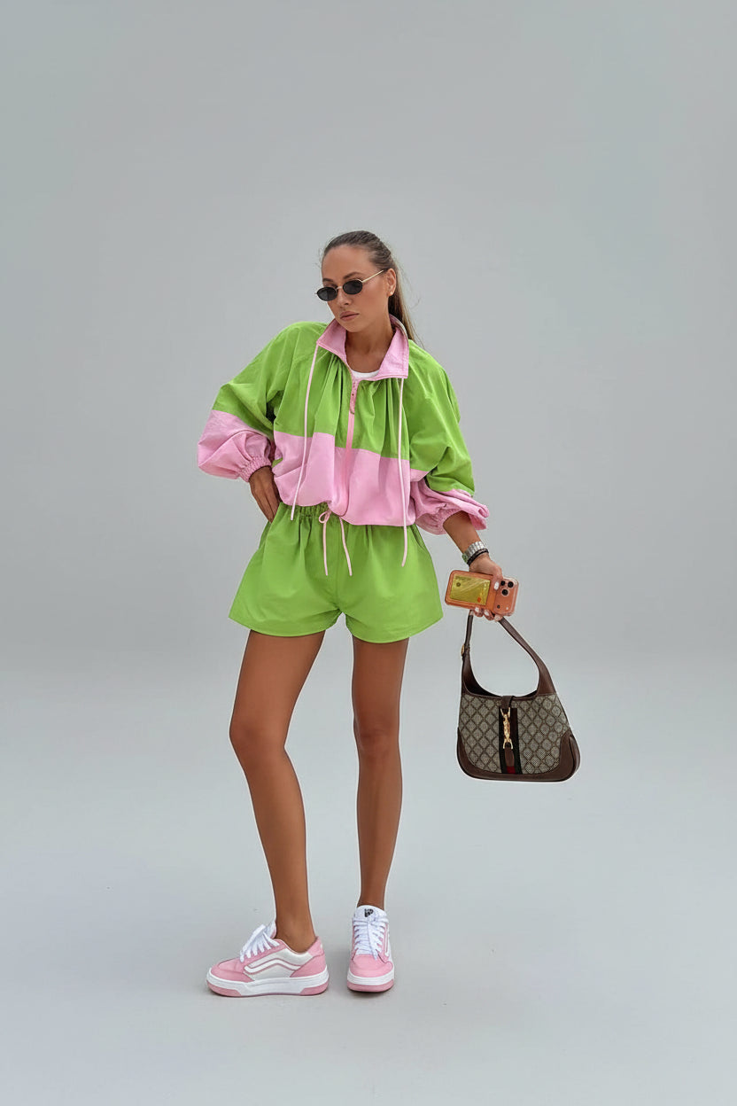 women's two piece shorts set, women's matching shorts set, color block two piece set, women's windbreaker set, women's jacket and shorts set, sporty two piece set women, women's summer outfit set, women's casual two piece outfit, women's athleisure set, women's streetwear set, matching jacket and shorts women, women's vacation outfit, women's travel outfit, women's weekend outfit, women's sporty outfit, women's casual set with shorts, color block outfit women, women's summer matching set, women's tracksuit 