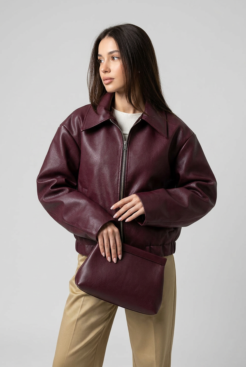 Wine red faux leather jacket zipper detail
