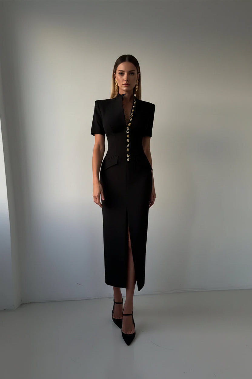 Floral midi dress features structured shoulders and a central button up closure reminiscent of former Blazer style.