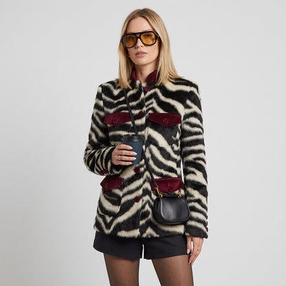 Zebra print faux fur coat and mini skirt styling options