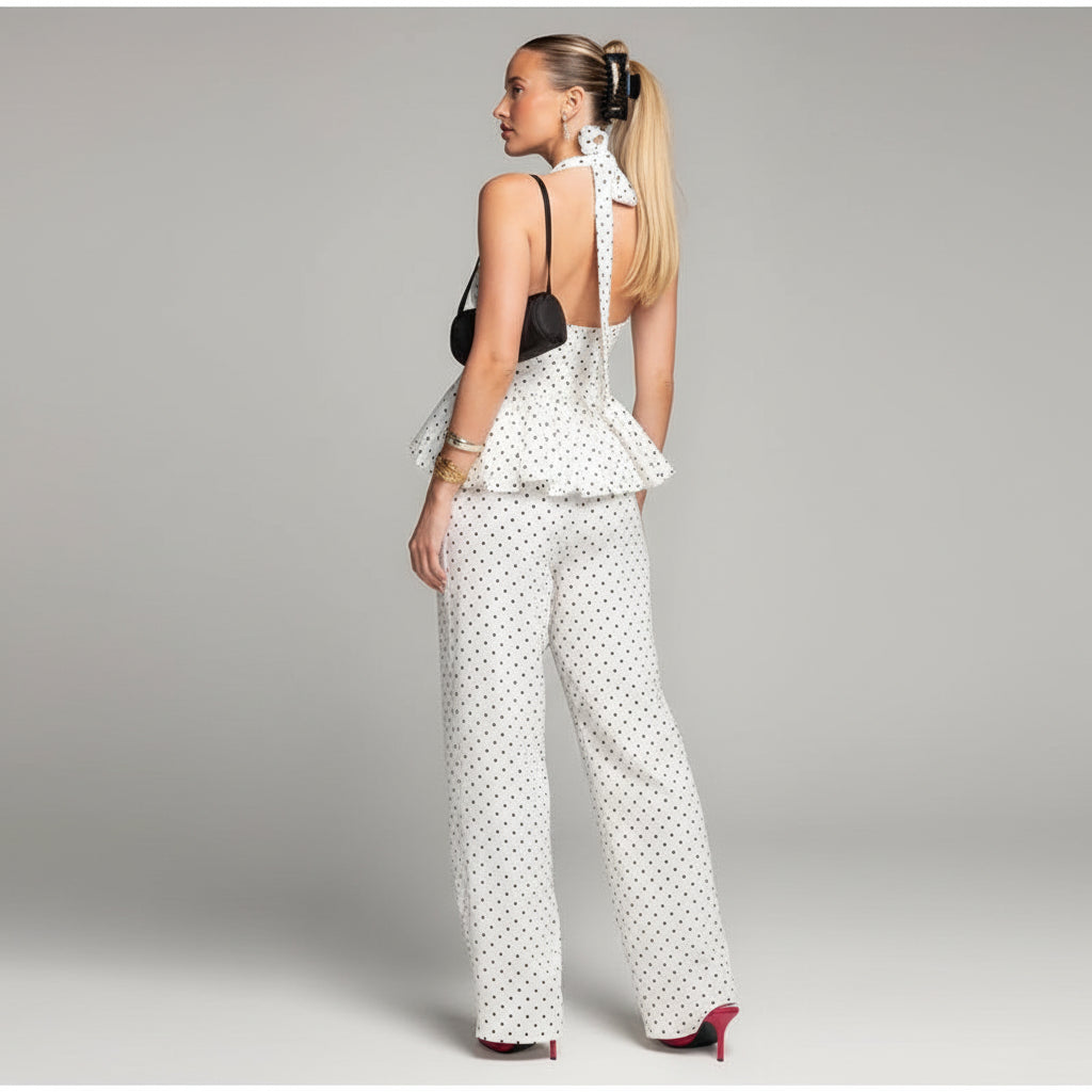 polka dot pants set, polka dot two piece set, women's polka dot set, halter pants set women, wide leg pants set, polka dot outfit women, matching pants set women, two piece outfit women, V neck halter top, lace up backless top, wide leg pants outfit, women's summer outfit, chic matching set, black and white pants set, vacation outfit women, brunch outfit women, date night outfit, women's boutique fashion