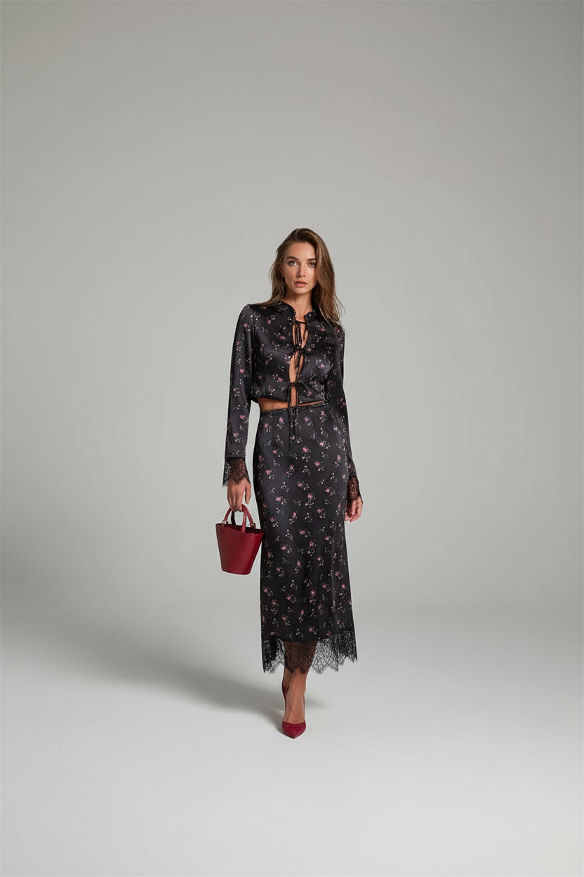 floral two piece set, women's floral skirt set, floral matching set women, women's two piece outfit, floral top and skirt set, long sleeve skirt set, V neck two piece set, women's evening outfit, elegant skirt set women, women's party outfit, date night outfit women, floral evening outfit, matching skirt and top, women's formal evening outfit, slim fit skirt set, floral party outfit, women's autumn outfit, stylish two piece set, black floral skirt set, women's occasion outfit