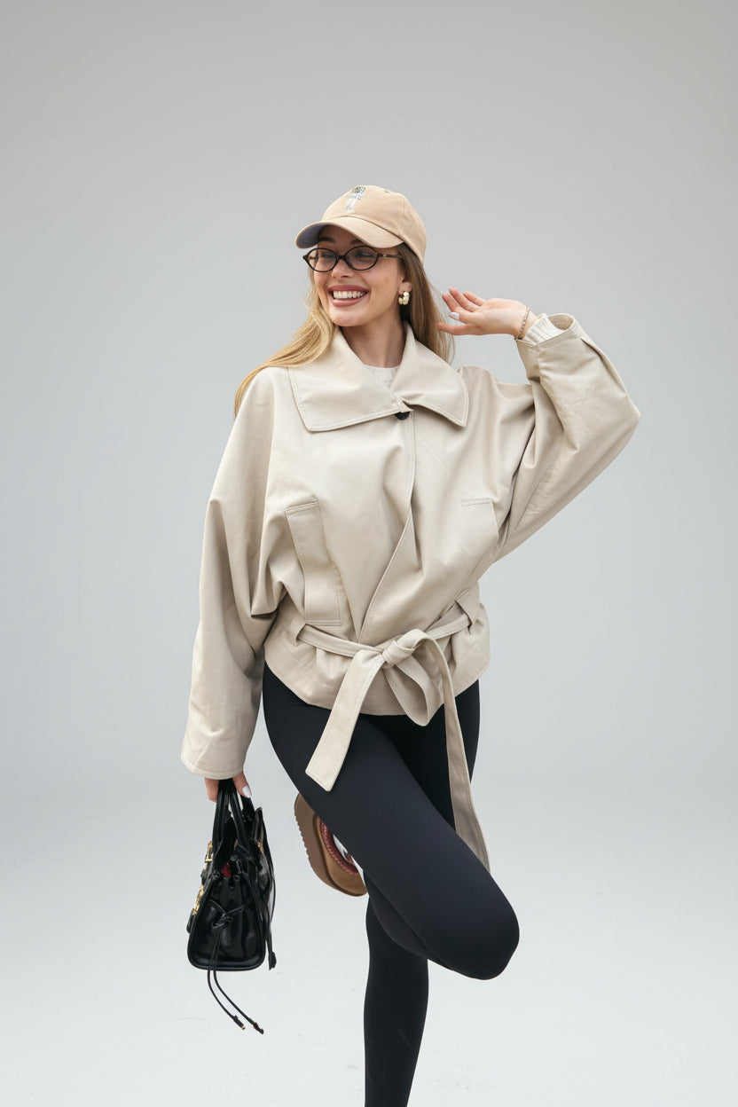 beige waist tie jacket, women's beige jacket, women's batwing jacket, beige lapel jacket, women's waist cinching jacket, relaxed women's jacket, beige fall jacket, women's spring jacket, casual women's outerwear, women's fashion jacket, elegant casual jacket, women's belted jacket
