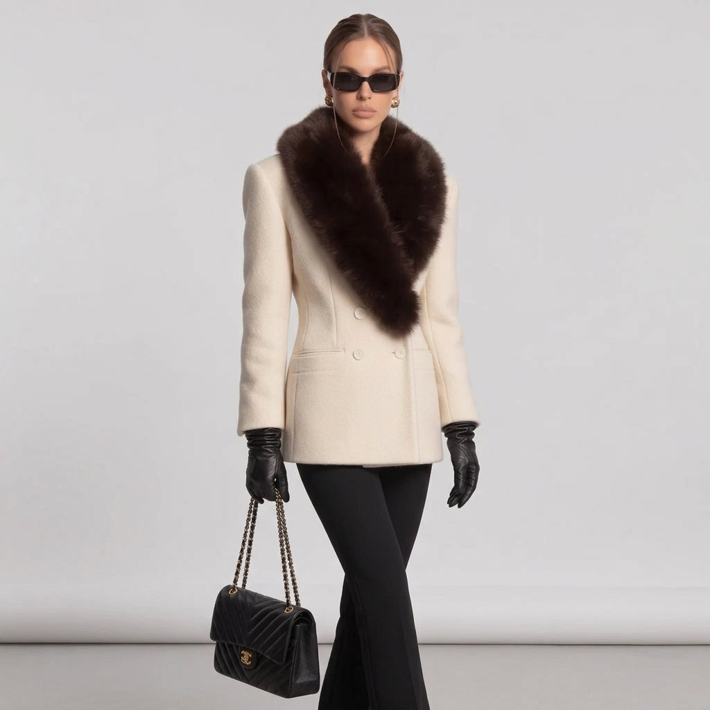 Close view of the beige coat's wide shawl collar and front design