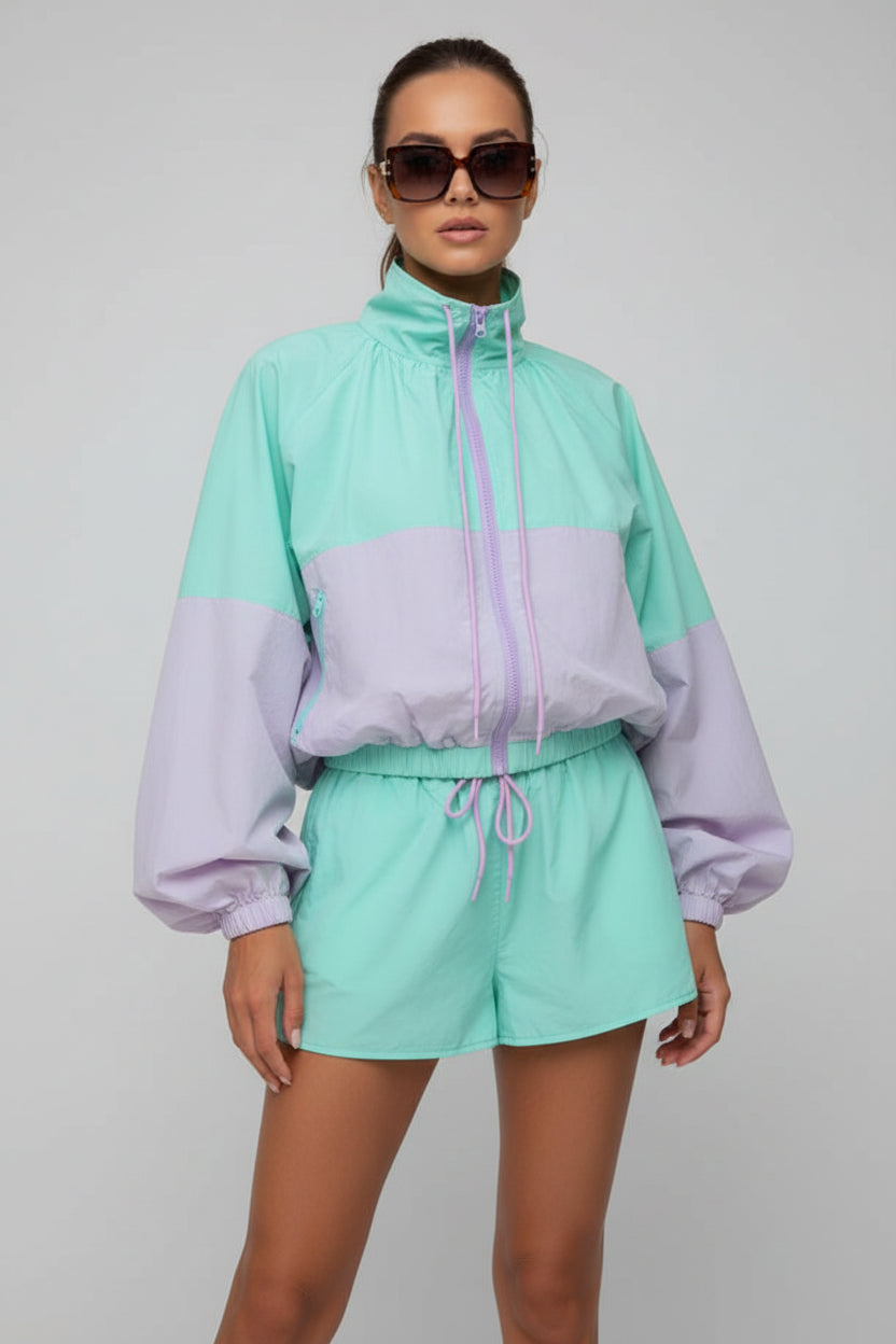 women's two piece shorts set, women's matching shorts set, color block two piece set, women's windbreaker set, women's jacket and shorts set, sporty two piece set women, women's summer outfit set, women's casual two piece outfit, women's athleisure set, women's streetwear set, matching jacket and shorts women, women's vacation outfit, women's travel outfit, women's weekend outfit, women's sporty outfit, women's casual set with shorts, color block outfit women, women's summer matching set, women's tracksuit 