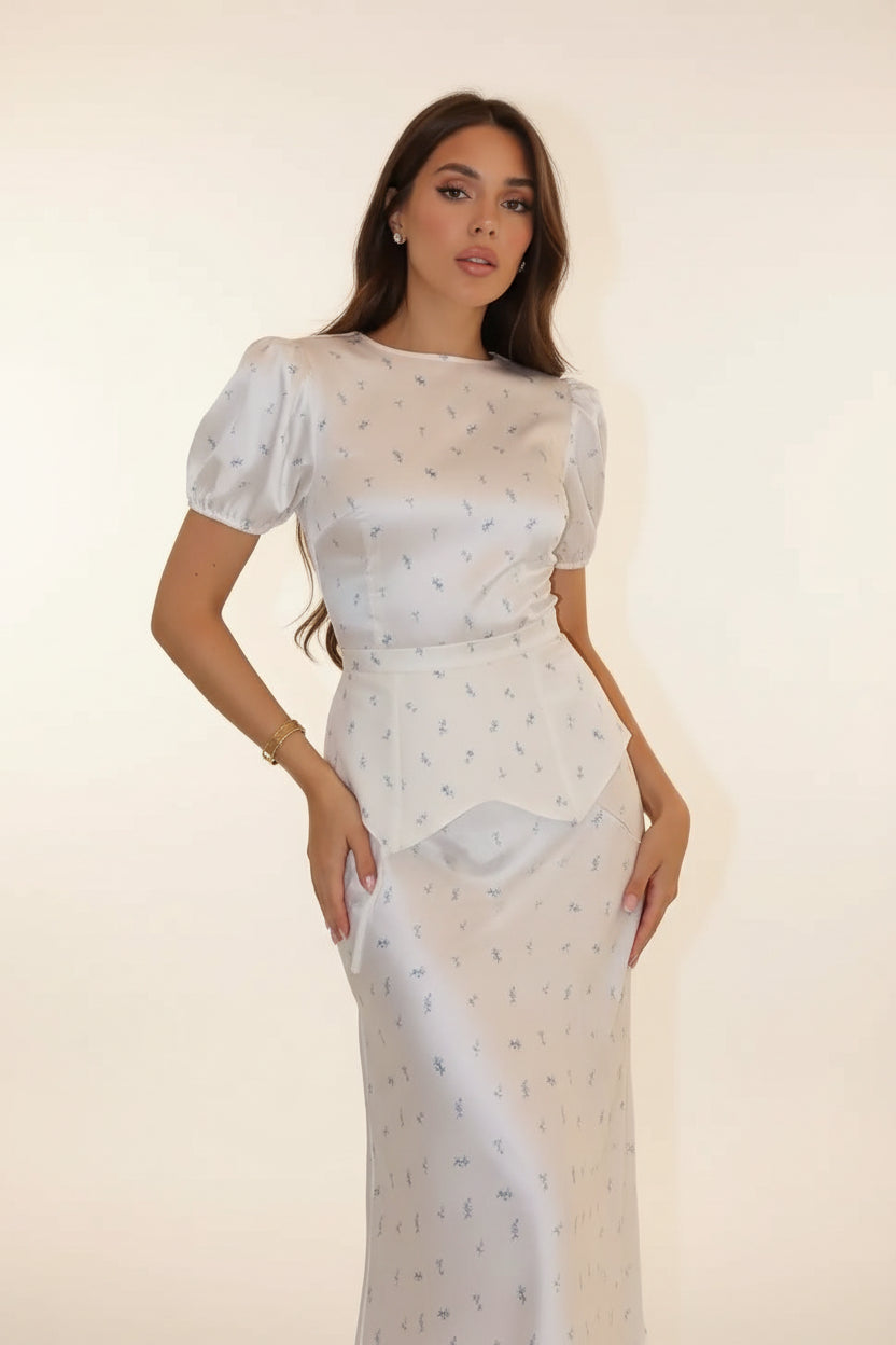 Fanny Floral print puff waistband dress.