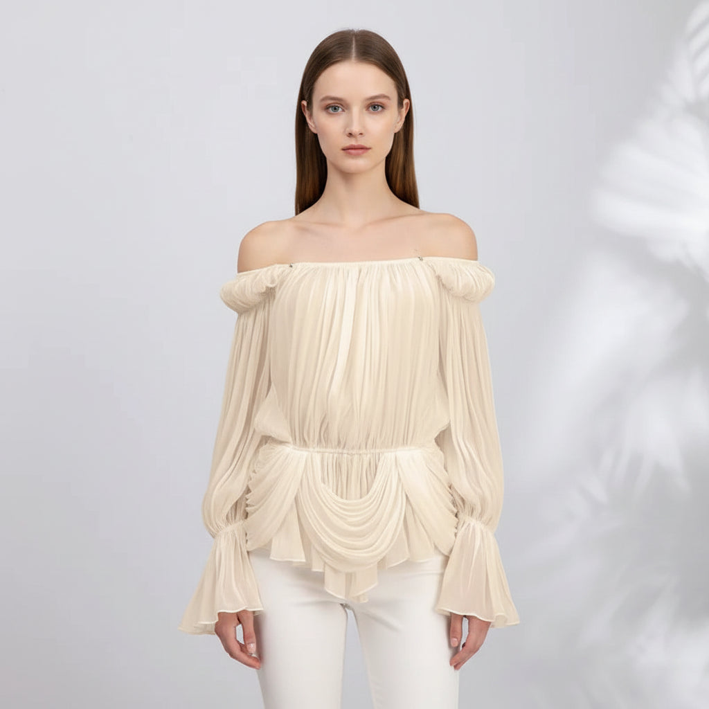 Missy pleated ruffled off-shoulder flared cuffs mini dress.