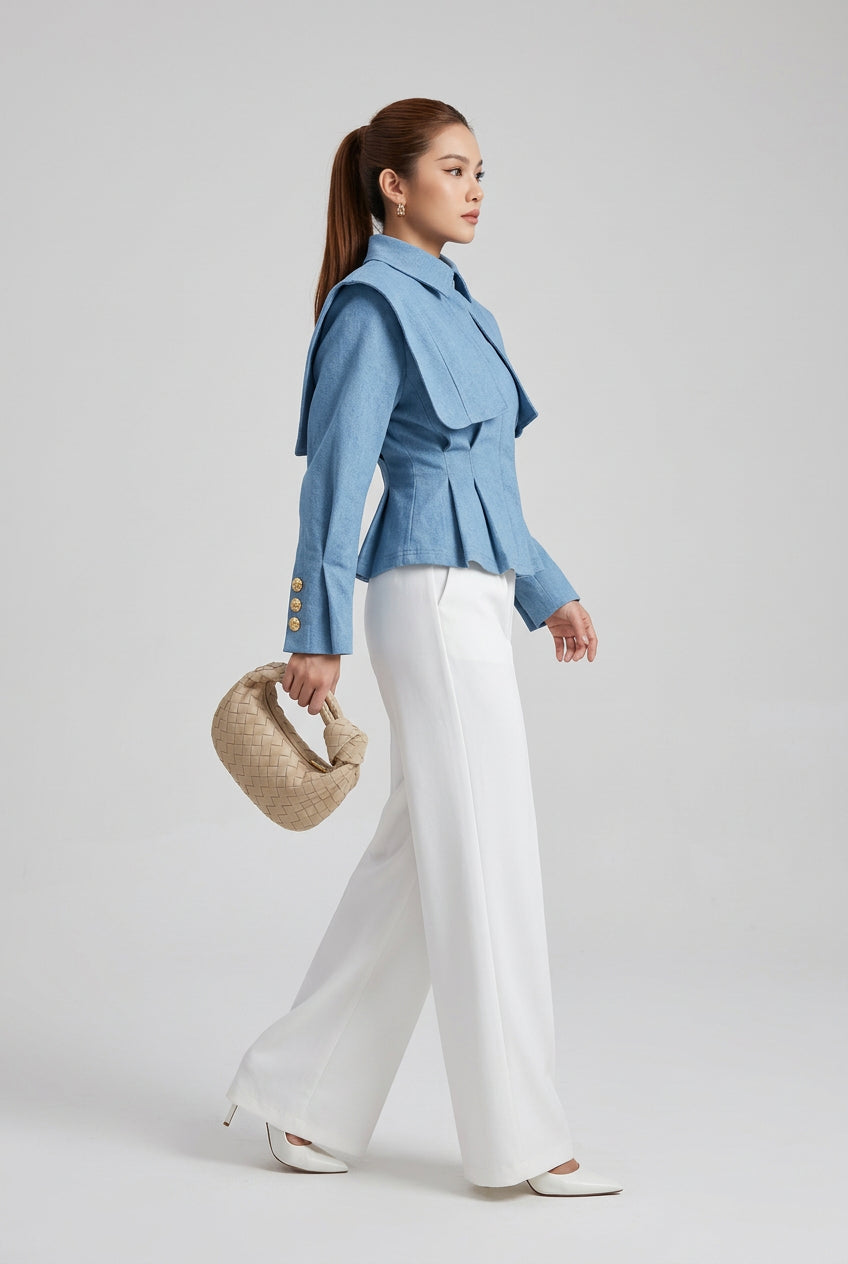 Double-breasted cape-lapel jacket with waist detail
