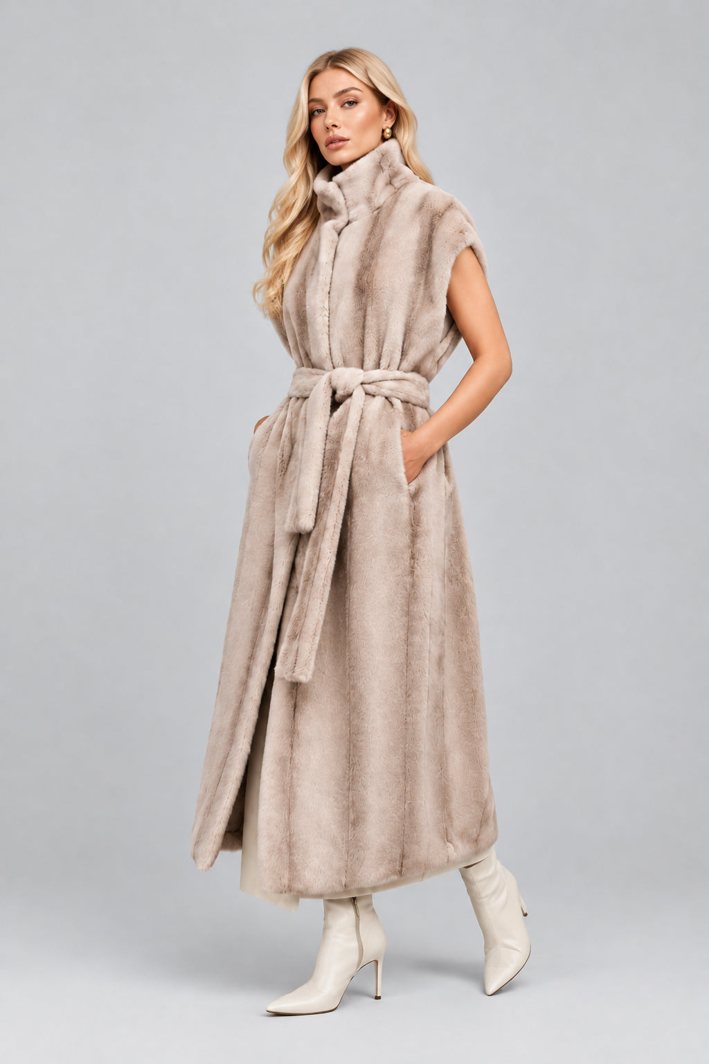 Noelle longline faux fur vest with high collar and waist belt