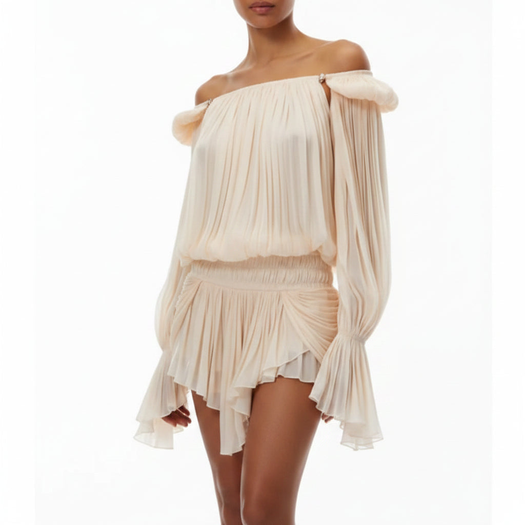 Missy pleated ruffled off-shoulder flared cuffs mini dress.