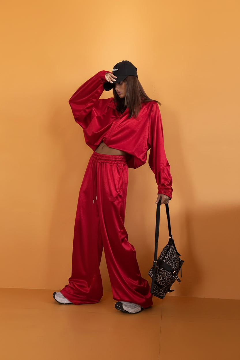 Dansa satin loose long sleeve crop top and wide leg trousers two-piece set streetwear.