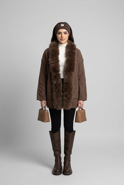 Cable-knit cardigan colour options in brown, charcoal and cream