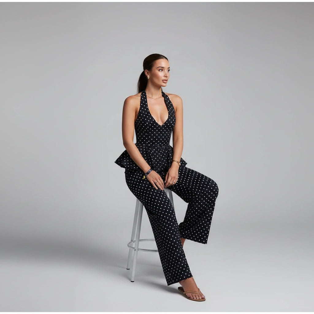 polka dot pants set, polka dot two piece set, women's polka dot set, halter pants set women, wide leg pants set, polka dot outfit women, matching pants set women, two piece outfit women, V neck halter top, lace up backless top, wide leg pants outfit, women's summer outfit, chic matching set, black and white pants set, vacation outfit women, brunch outfit women, date night outfit, women's boutique fashion