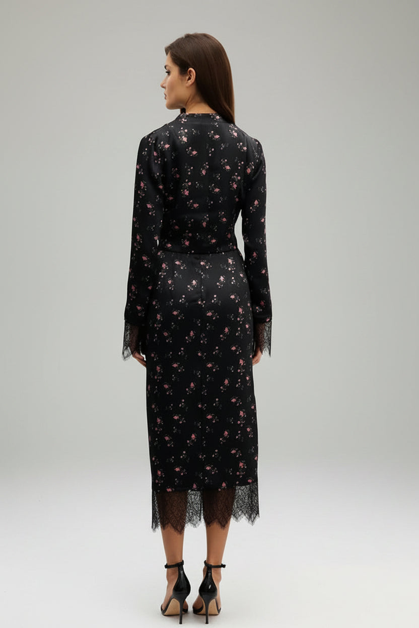 floral two piece set, women's floral skirt set, floral matching set women, women's two piece outfit, floral top and skirt set, long sleeve skirt set, V neck two piece set, women's evening outfit, elegant skirt set women, women's party outfit, date night outfit women, floral evening outfit, matching skirt and top, women's formal evening outfit, slim fit skirt set, floral party outfit, women's autumn outfit, stylish two piece set, black floral skirt set, women's occasion outfit