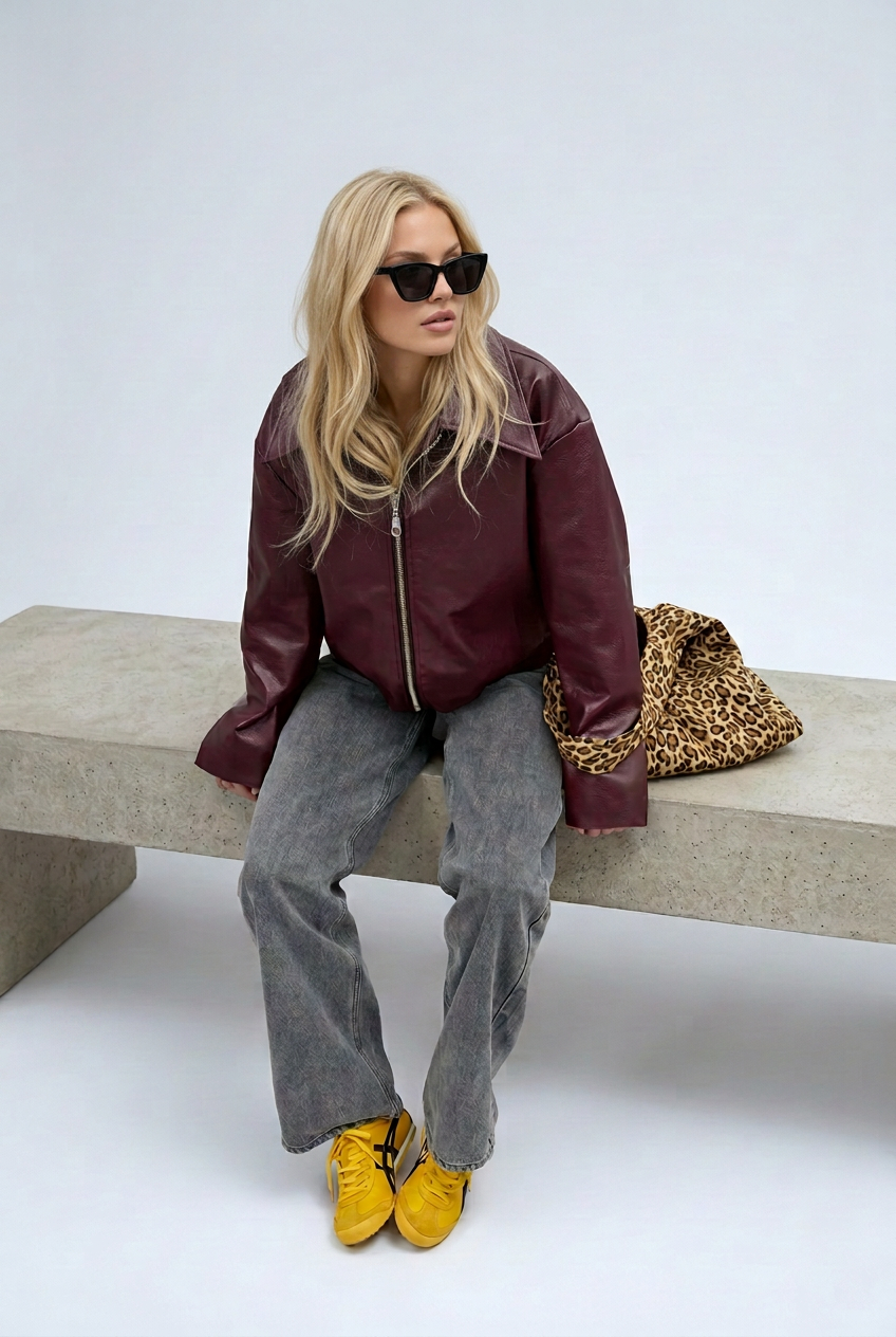 Wine red faux leather jacket additional view