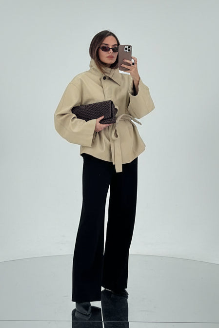 beige waist tie jacket, women's beige jacket, women's batwing jacket, beige lapel jacket, women's waist cinching jacket, relaxed women's jacket, beige fall jacket, women's spring jacket, casual women's outerwear, women's fashion jacket, elegant casual jacket, women's belted jacket