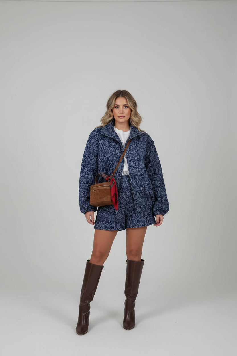 women's paisley two piece set, women's fall two piece outfit, paisley outfit women, fall outfit women 2026, women's matching set, long sleeve two piece set, jacket and shorts set women, vintage inspired outfit women, chic fall outfit women, autumn outfit women, women's casual two piece set, fall fashion 2026, women's boutique clothing, pumpkin picking outfit, fall photoshoot outfit, brunch outfit women, autumn matching set, navy blue two piece set, stylish fall outfits