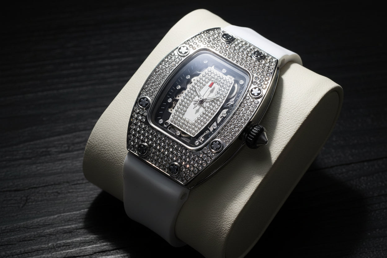 Luxury vortex iced out rubber strap wrist watch.