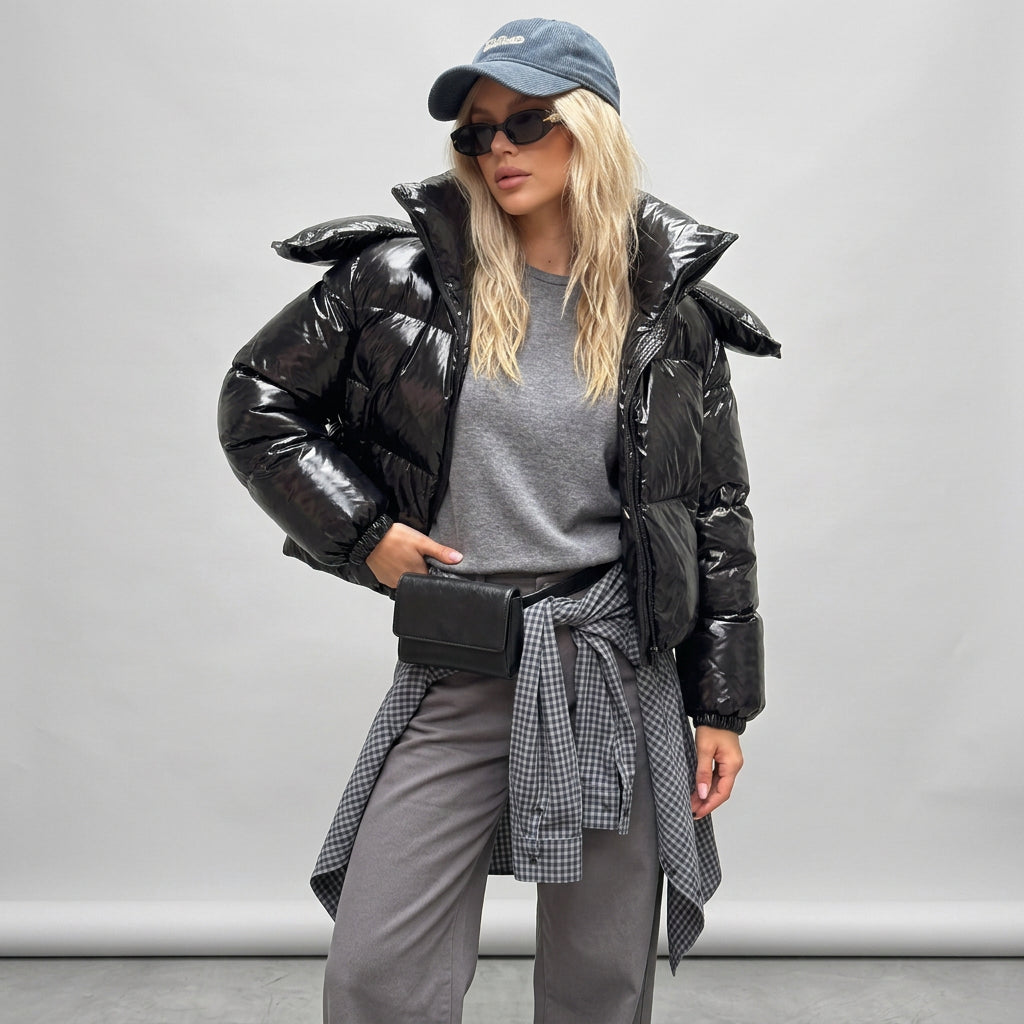 Front zip detail on The Nova Puffer jacket