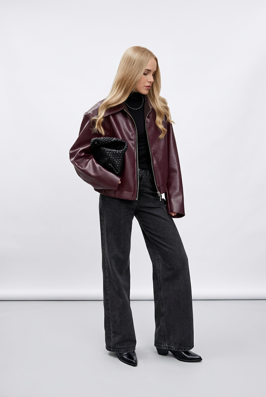 Wine red jacket zipper and closure detail