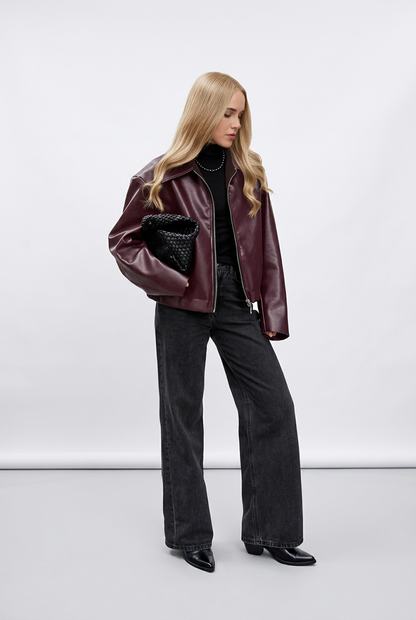 Wine red jacket zipper and closure detail