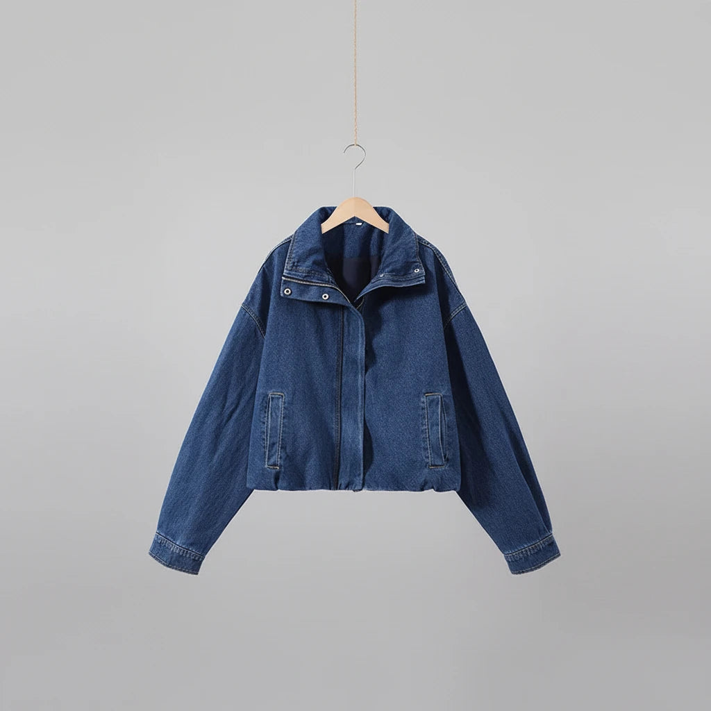 cropped denim jacket women, blue cropped jacket women, women's cropped jacket, stand collar jacket women, relaxed cropped jacket, blue casual jacket women, women's street style jacket, cropped button jacket, women's lightweight jacket, casual women's outerwear, cropped blue jacket, women's spring jacket, women's everyday jacket, relaxed fit jacket