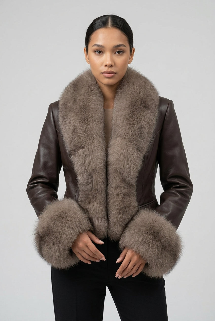 Faux fur patchwork jacket with long sleeves and stand collar