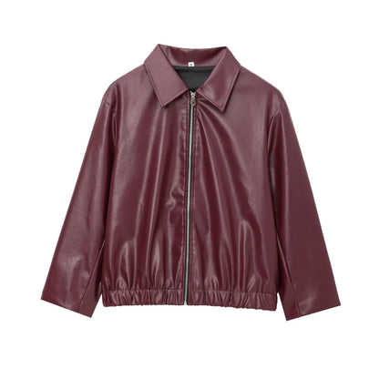 Wine red faux leather jacket back or alternate view