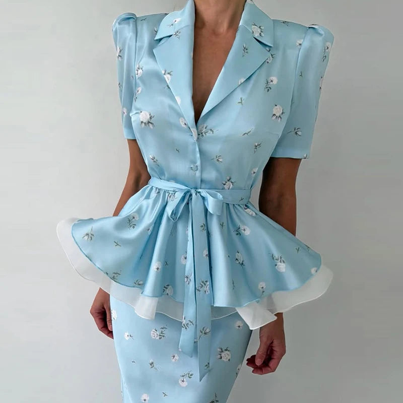 elegant two piece set women, floral bodycon skirt set, summer outfit women 2026, slim fit matching set women, classy women outfit set, structured two piece outfit, women floral skirt set, elegant summer co-ord set, ladies matching outfit set, chic two piece dress alternative, EU size women clothing, cm size chart women outfit