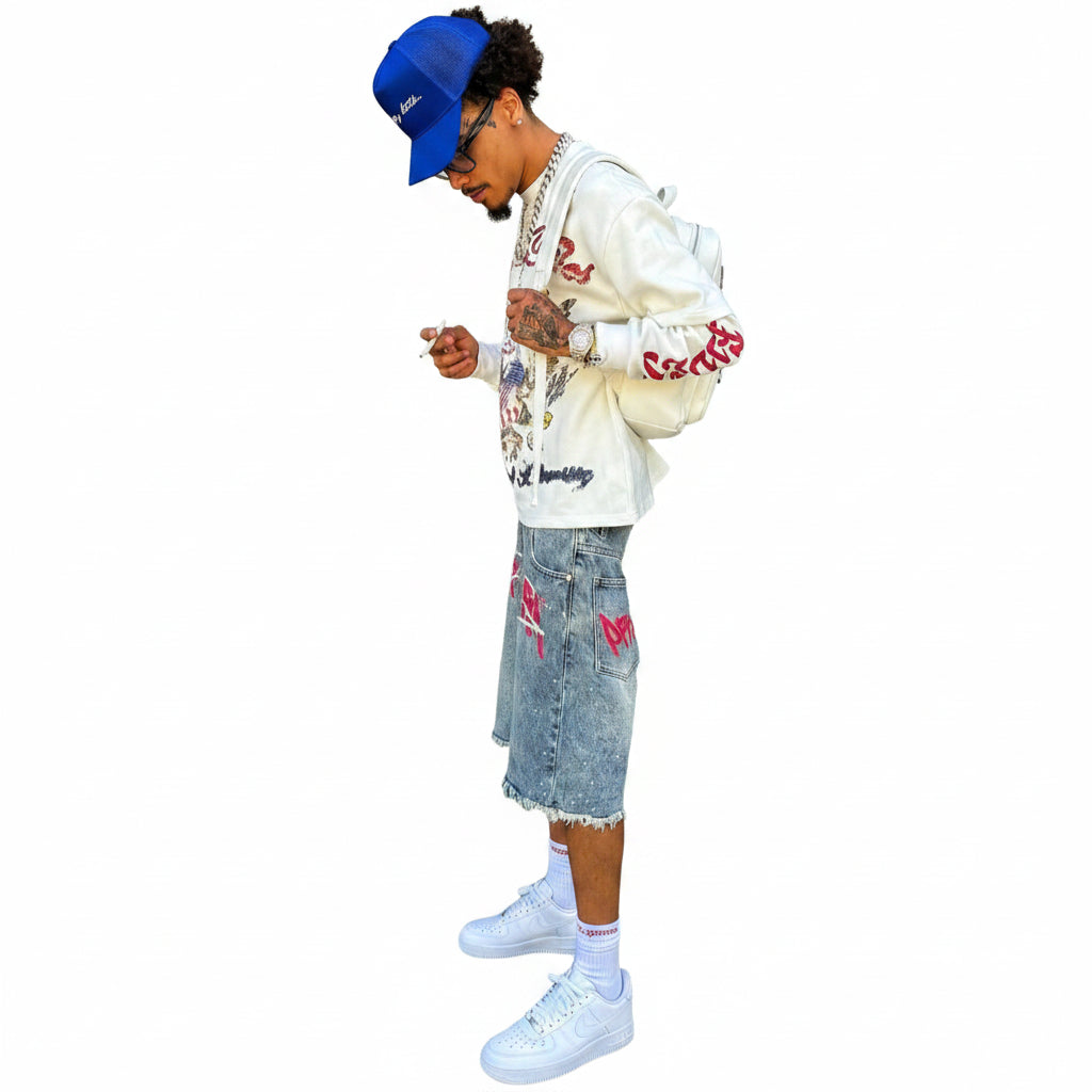 luxury streetwear jorts, graffiti denim shorts, red washed jorts, baggy jean shorts men, Y2K streetwear shorts, hip hop denim shorts, urban fashion jorts, oversized jorts outfit, designer streetwear shorts, graffiti shorts men women