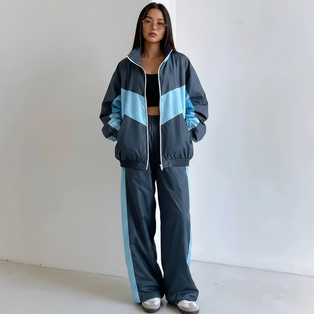 women's two piece set, women's matching set, color block two piece set, women's tracksuit, women's zip up jacket set, women's pants set, women's streetwear set, color block tracksuit women, women's casual two piece outfit, women's sporty set, women's matching pants outfit, women's jacket and pants set, zip up tracksuit women, straight leg pants set women, high waisted pants set, women's athleisure set, women's travel outfit set, airport outfit women, casual matching set women, streetwear outfit women, color