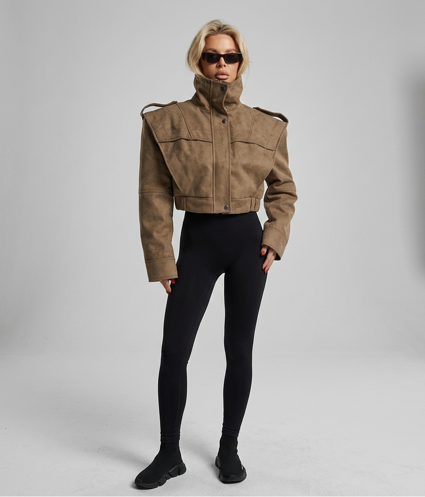 The City Edit women's short stand-collar jacket, available in black and khaki.
