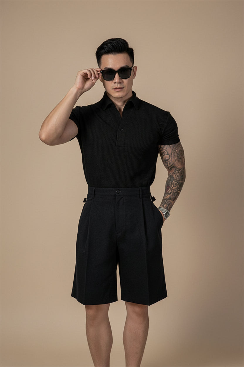 men's ribbed polo shirt, fitted polo shirt, knit polo shirt, short sleeve polo shirt, men's casual polo, slim fit polo shirt, stretch polo shirt, men's smart casual clothing, ribbed knit polo, spread collar polo shirt, men's summer polo, men's fashion polo, breathable polo shirt, men's wardrobe essentials, modern men's clothing