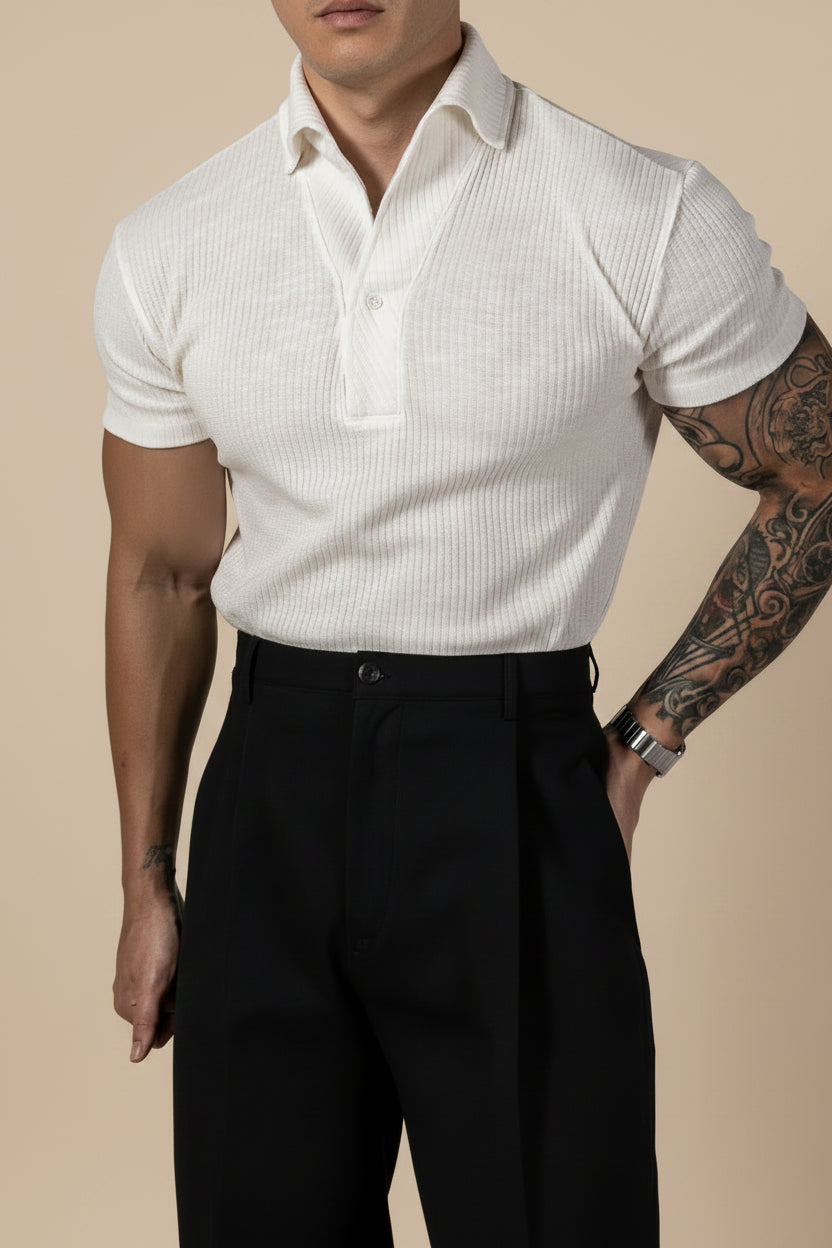 men's ribbed polo shirt, fitted polo shirt, knit polo shirt, short sleeve polo shirt, men's casual polo, slim fit polo shirt, stretch polo shirt, men's smart casual clothing, ribbed knit polo, spread collar polo shirt, men's summer polo, men's fashion polo, breathable polo shirt, men's wardrobe essentials, modern men's clothing