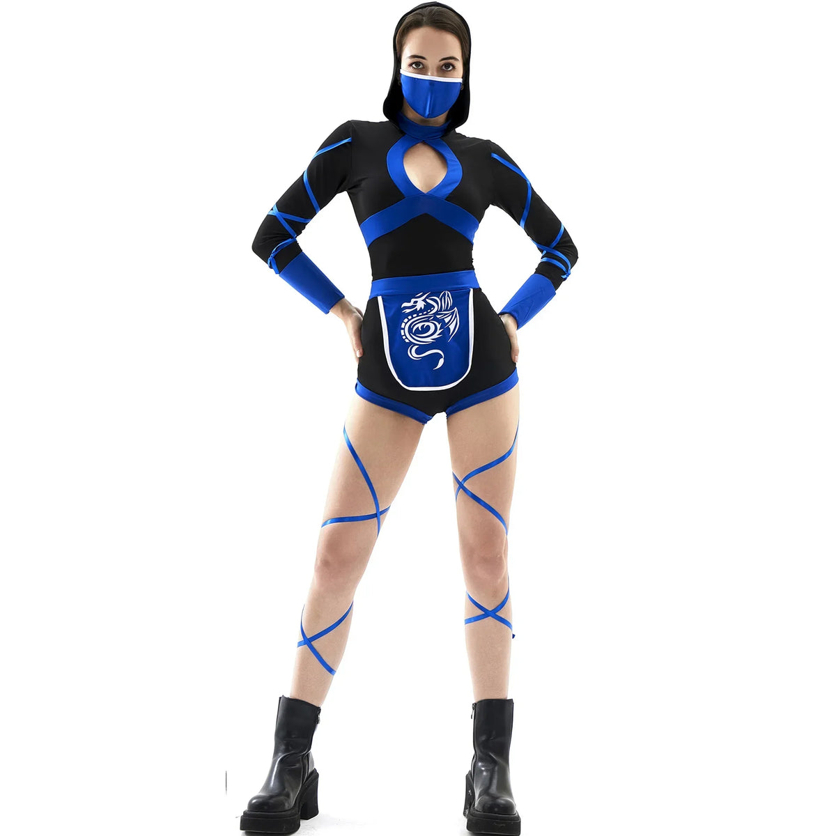 Person wearing a black and blue costume with a dragon design on a white background