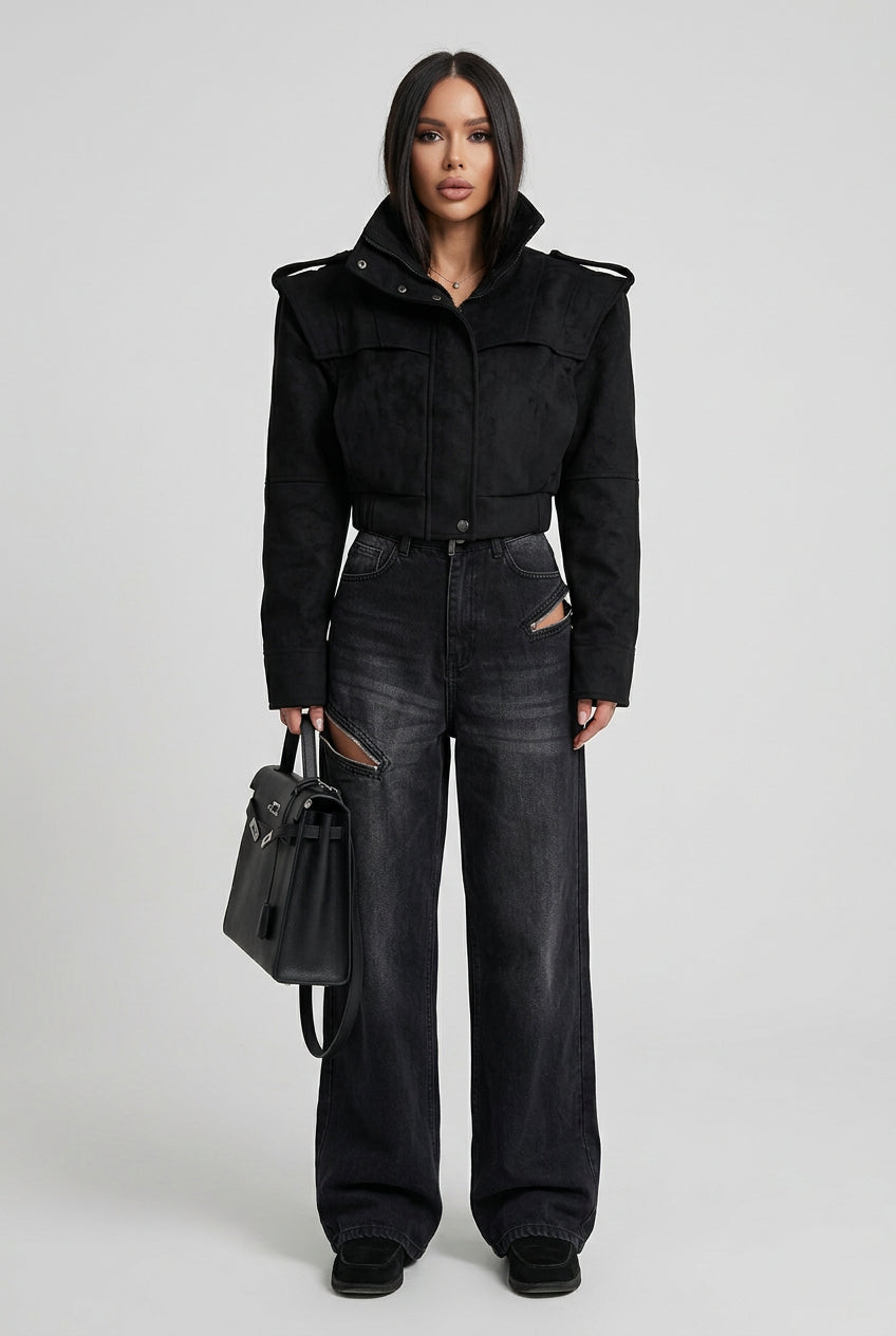 The City Edit women's short stand-collar jacket, available in black and khaki.