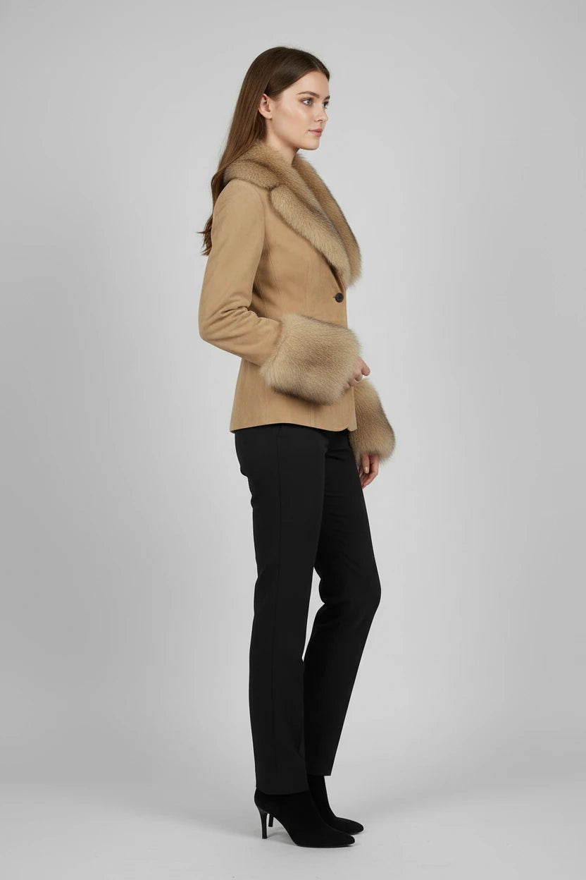 faux fur blazer women, faux fur trimmed blazer, khaki blazer women, women's winter blazer, faux suede blazer women, women's tailored blazer, khaki winter jacket, women's faux fur jacket, tailored winter blazer, women's casual blazer, elegant women's blazer, faux fur trim jacket, women's autumn outerwear, women's winter outerwear, khaki tailored jacket