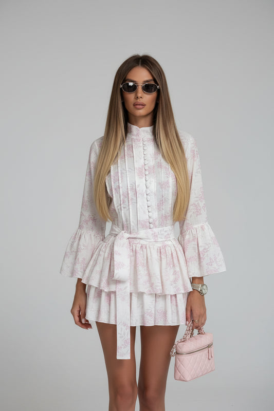 Elegant Floral Mini Dress Woman Fashion Stand Collar Flare Sleeve Waist Lace Up Ruffle Hem Dresses 2026 Summer Beach Vestidos
