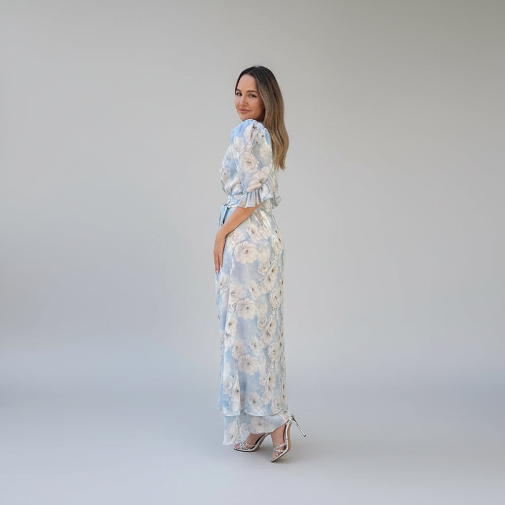 floral chiffon dress, ruffle midi dress, elegant floral dress, women's chiffon dress, V-neck floral dress, summer midi dress, vacation dress, wedding guest dress, romantic floral dress, European summer outfit, feminine midi dress, floral party dress, resort wear dress, date night dress, classy women's dress, lightweight chiffon dress, spring floral dress, elegant summer dress, garden party dress, boutique women's dress, stylish floral dress, side slit midi dress, flowy floral dress, luxury summer dress, chi
