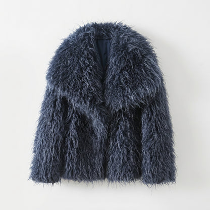 Plush faux fur coat showing the front and side shape
