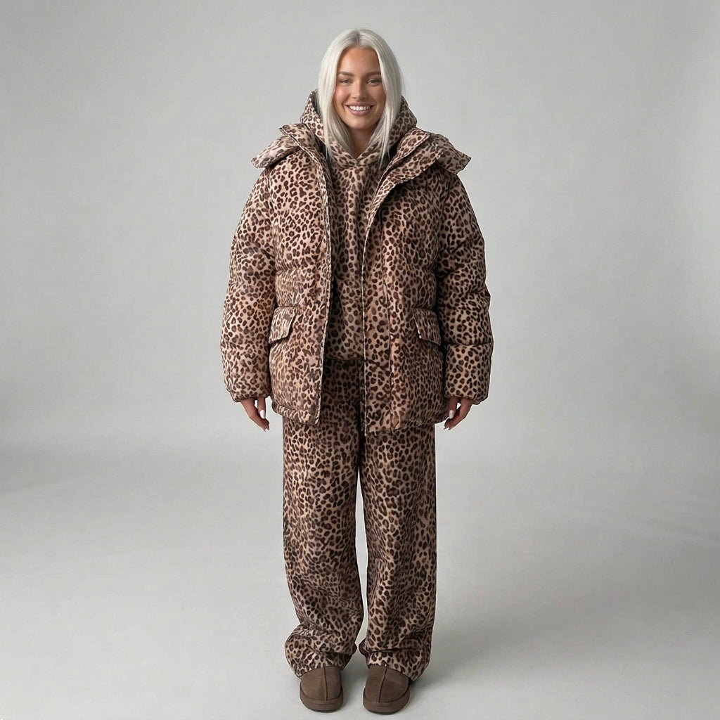 Brown colour option for the puffer jacket and wide-leg pants set