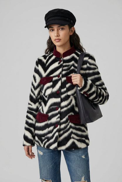 Close-up of the zebra pattern and plush faux fur texture