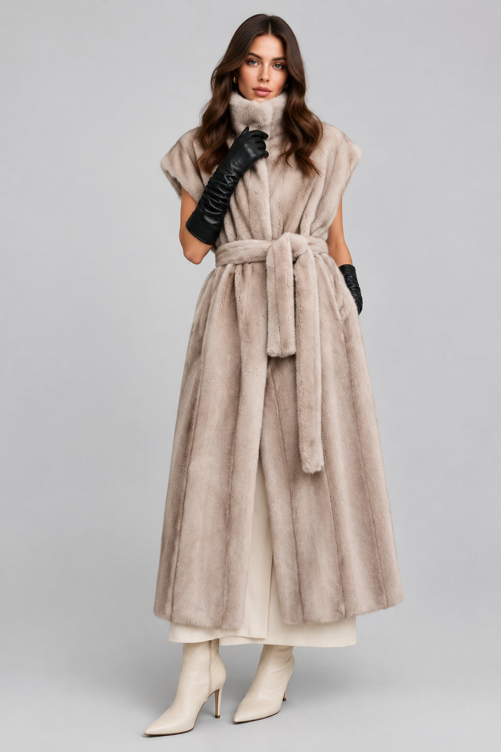 Faux fur longline vest with high collar and belt detail