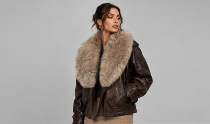 Fur-collar faux leather jacket product photo showing the jacket design