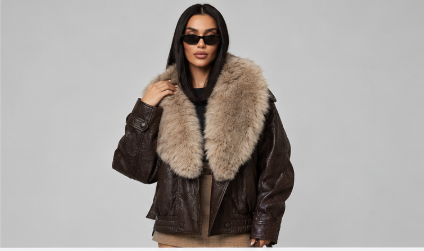 Fur-collar faux leather jacket detail view for the product gallery