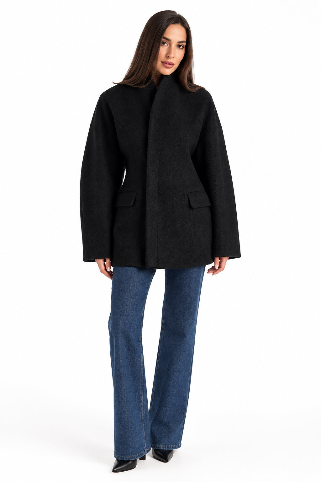 Women's black V-neck coat
Women's white V-neck coat
Women's coat with covered-button closure
Close-up of women's V-neck coat
Women's black coat front view
Women's white coat front view
Women's coat styled with trousers
Women's coat styled with jeans
Women's coat with full-length sleeves
