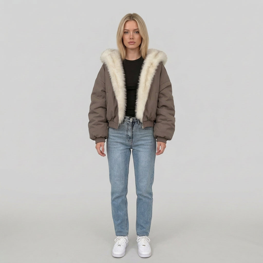 Close-up of the faux-fur hood trim on the beige jacket