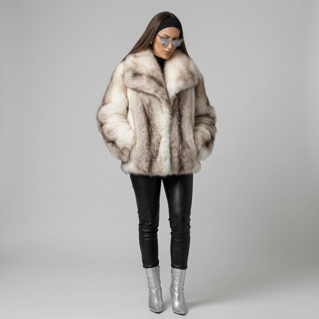 Striped faux fur coat showing the front pockets