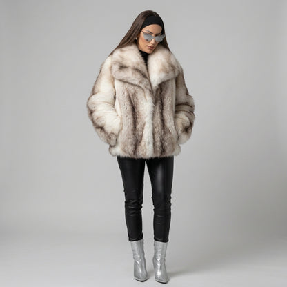 Striped faux fur coat showing the front pockets